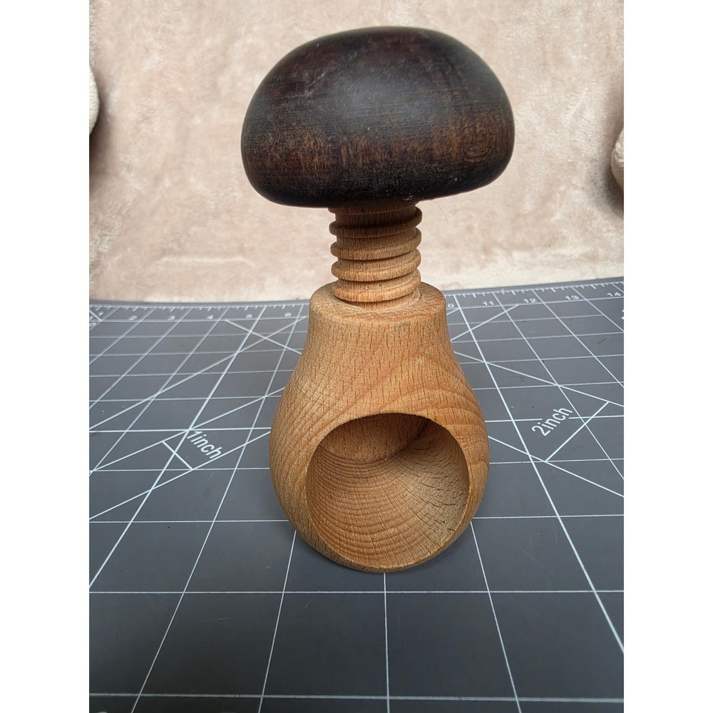 Wooden Mushroom Nutcracker Hand Carved Screw Style Two Tone Cottagecore